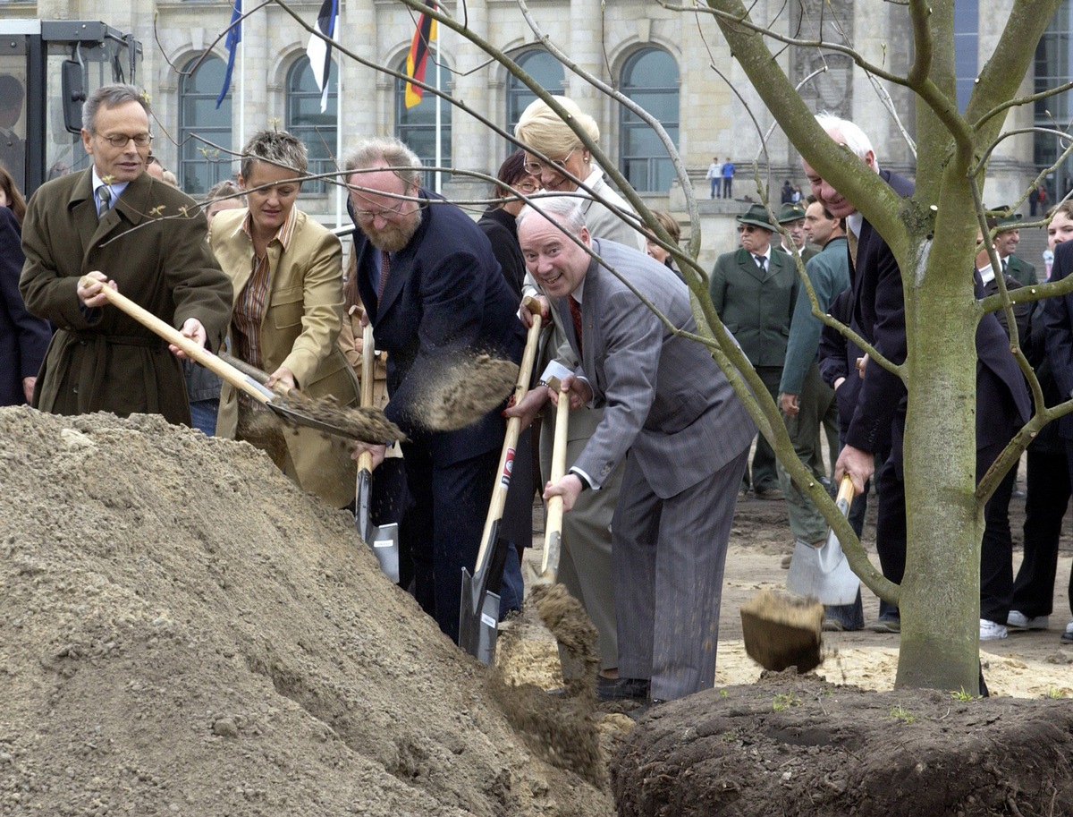 50 Jahre Tag des Baumes: Fielmann stiftet 100.000 Bäume / Bundestagspräsident Thierse, Ministerin Künast und Fielmann pflanzen vor dem Reichstag