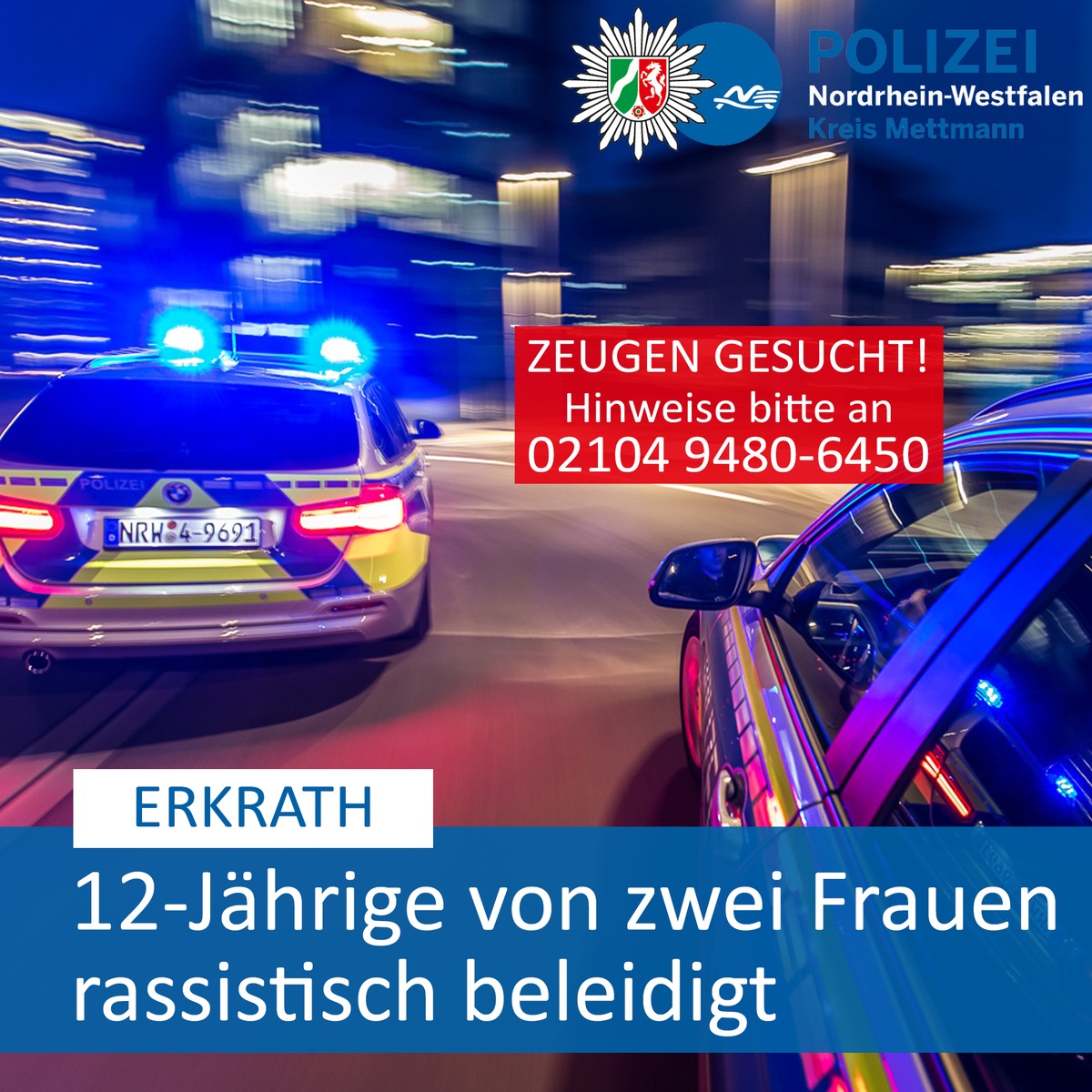 POL-ME: Am Bahnhof in Hochdahl-Millrath: Zwölfjährige rassistisch beleidigt - Polizei sucht Zeugen - Erkrath - 2002096