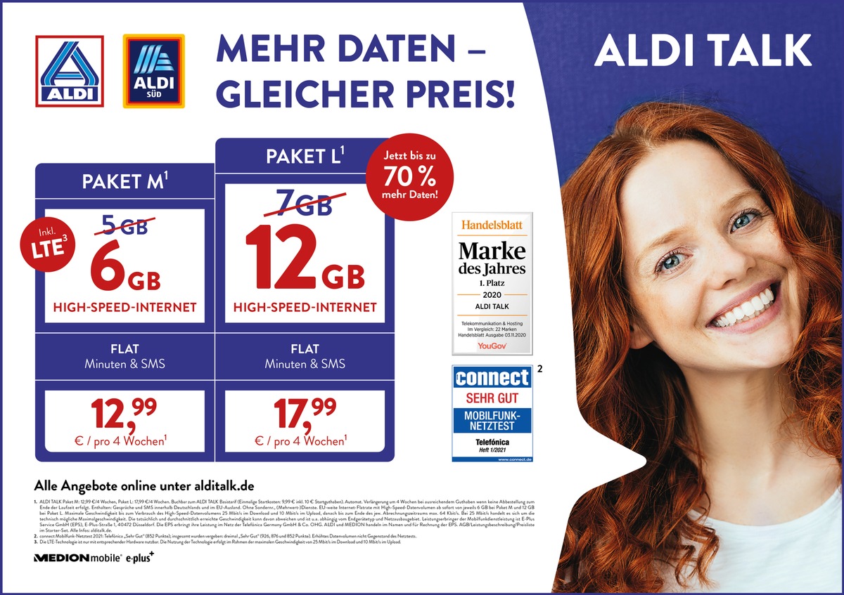 Mehr Daten, gleicher Preis: ALDI TALK erhöht das Datenvolumen in Tarifoptionen um bis zu 70 Prozent