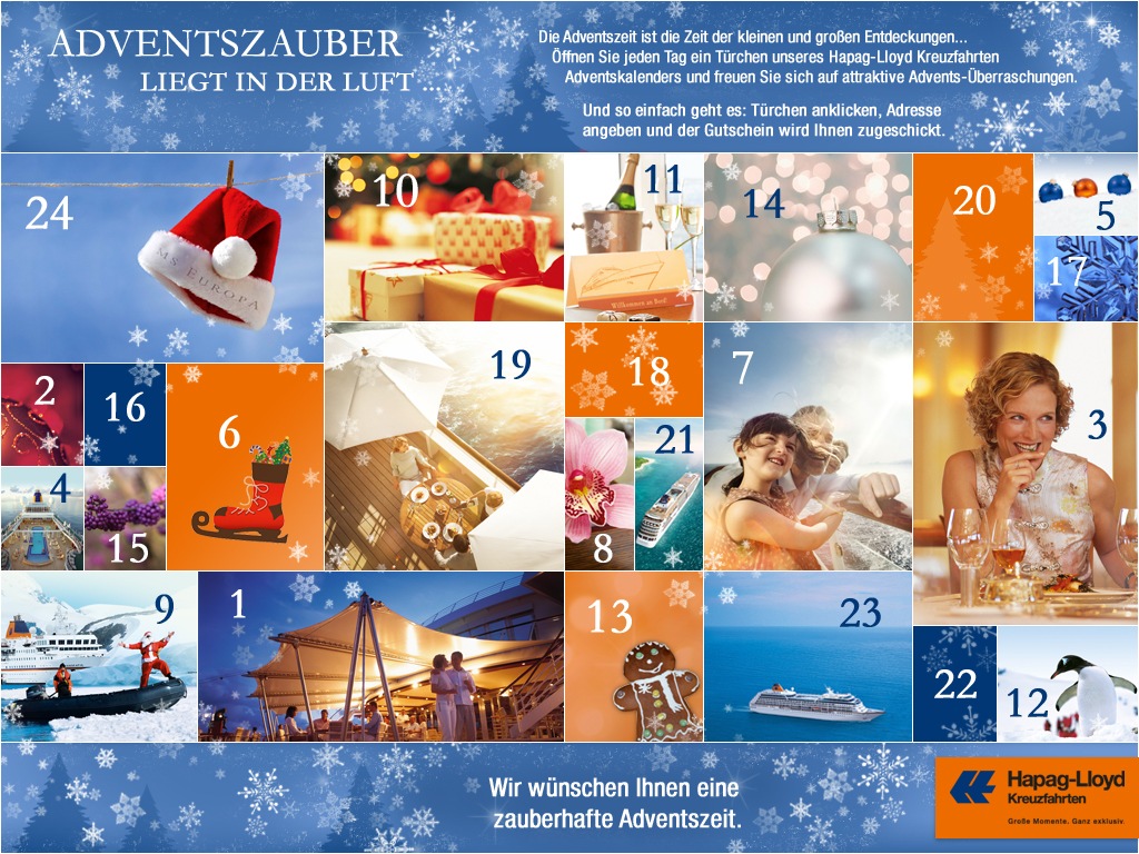 Hapag-Lloyd Kreuzfahrten Adventskalender: 24 Gutscheine für besondere Reiseerlebnisse (BILD)