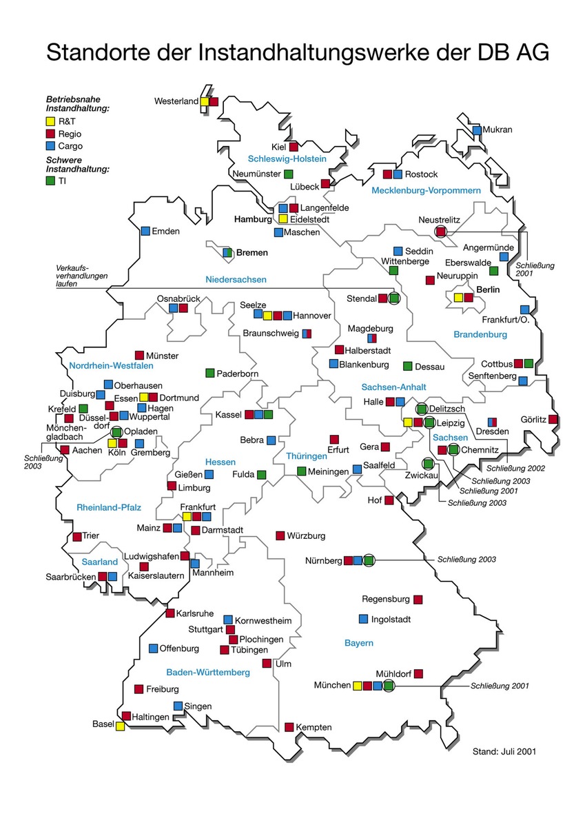 Bahn konsolidiert Fahrzeuginstandhaltung / Kapazitäten dem künftigen Bedarf anpassen / Acht Werke bis 2003 geschlossen