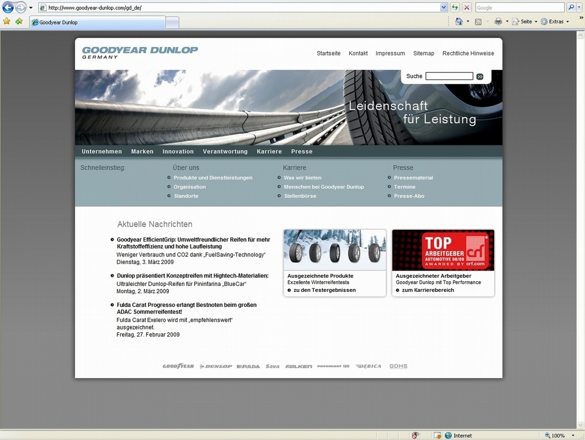 Goodyear Dunlop mit neuer Website online / Konzern präsentiert sich in seiner Gesamtheit