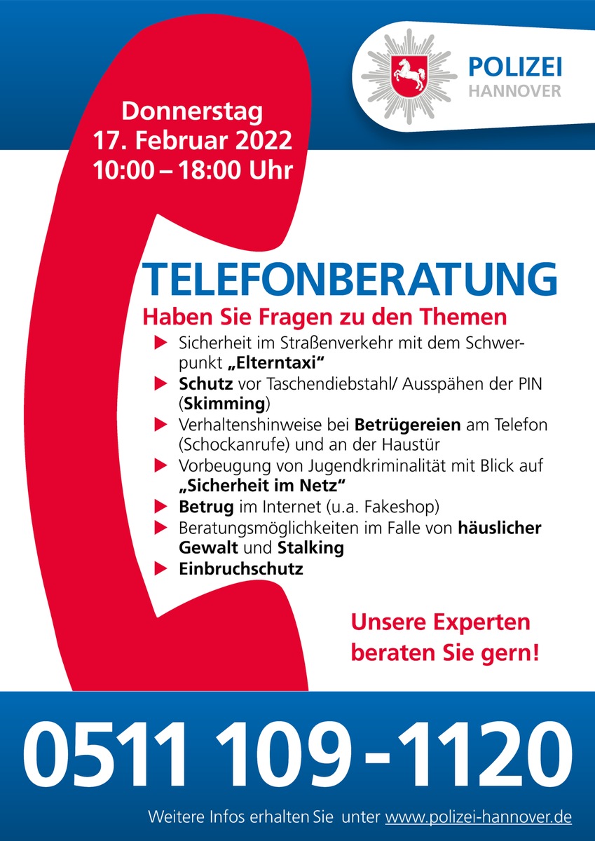 POL-H: Präventionsangebot: Infotelefon am 17. Februar 2022 - Polizei beantwortet Ihre Fragen