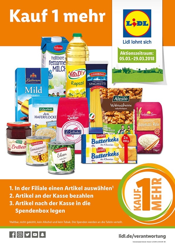 Für den guten Zweck: &quot;Kauf-1-mehr&quot;-Aktion bei Lidl / Bis Ostern über die Lidl-Spendenbox Lebensmittel für die Tafel spenden (FOTO)