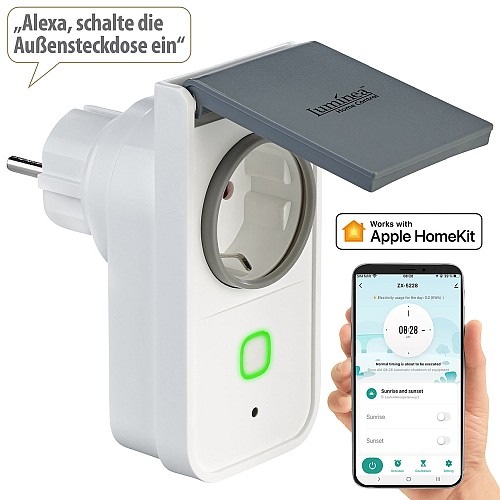 Luminea Home Control WLAN-Outdoor-Steckdose SF-560.avs, HomeKit-fähig, App, Sprachbefehl, Strommessung: Outdoor-Elektrogeräte per Smartphone und Sprachbefehl steuern