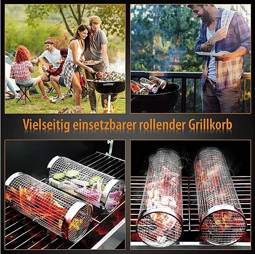 Das Grillgut optimal und sicher platzieren: Rosenstein &amp; Söhne 2er-Set Grillkörbe aus Edelstahl, stapelbar, inkl. Haken und Spieße