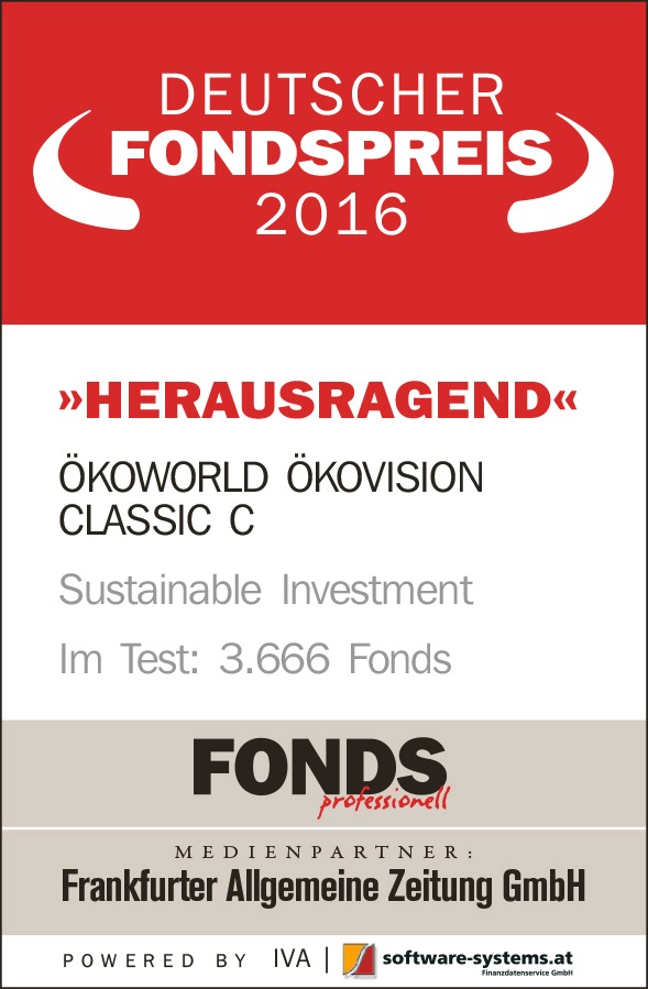 Herausragend: DEUTSCHER FONDSPREIS 2016 für ÖKOVISION CLASSIC / FONDS professionell, FAZ und Institut für Vermögensaufbau vergeben die begehrte Auszeichnung an den &quot;Gewinner der Zukunft&quot;