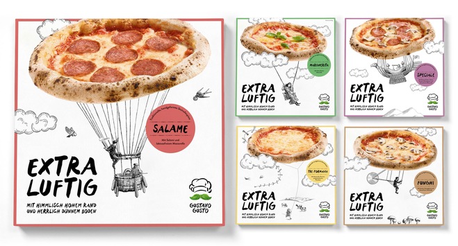 Gustavo Gusto: Premium-Tiefkühlpizzen nun auch im kleineren Format / Produktreihe mit fünf Pizzen / Neue Kreationen / Extra luftige Pizza mit hohem Rand und dünnem Boden
