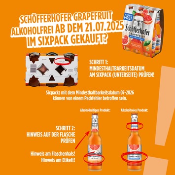 Die Schöfferhofer Weizenbier GmbH informiert über einen Verpackungsfehler / Einzelne Sixpacks von Schöfferhofer Weizen-Mix Grapefruit Alkoholfrei könnten alkoholhaltige Produktvariante enthalten