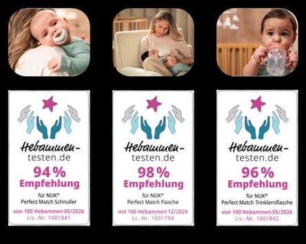 Von Hebammen getestet, von Familien geschätzt / NUK Perfect Match überzeugt im Praxistest - Schnuller, Flasche und Trinklernflasche erhalten Bestnoten
