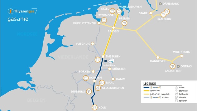 Von der Nordsee bis in die Region Rhein-Ruhr: Fernleitungsnetzbetreiber Gasunie und Thyssengas schaffen Nord-Süd-Korridor für Wasserstoff