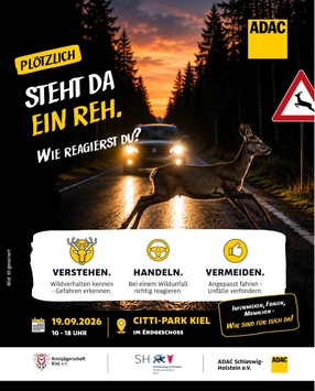POL-KI: 260914.1 Kiel / Kreis Plön: Neu bei uns: „Pass auf!“ – Der Präventionstipp der Kieler Polizei – jeden Monat neu! SEPTEMBER – Thema Wildwechsel – Hinweis auf Präventionsveranstaltung