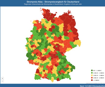 Das kostet Strom aktuell in Deutschland / Atlas für Strompreise zeigt regionale Strompreise und Preisunterschiede für Bundesländer, Landkreise und Städte an.
