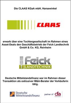 Deutsche Mittelstandsfinanz berät Veräußerung von Feick Landtechnik an die CLAAS-Gruppe