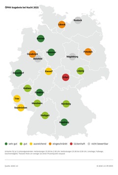 Nachts mit dem ÖPNV nach Hause - nicht überall problemlos möglich / ADAC untersucht nächtliche Verbindungen in 20 Großstädten / Nachhauseweg besonders für junge Erwachsene häufiger schwierig